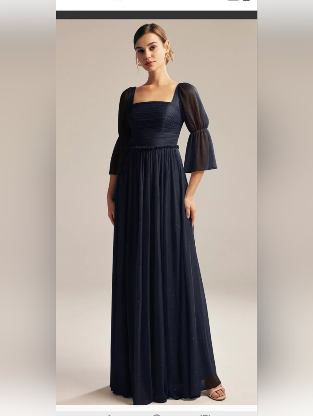 Elegant Black Square-Neck Maxi Dress with Sheer Bell Sleeves